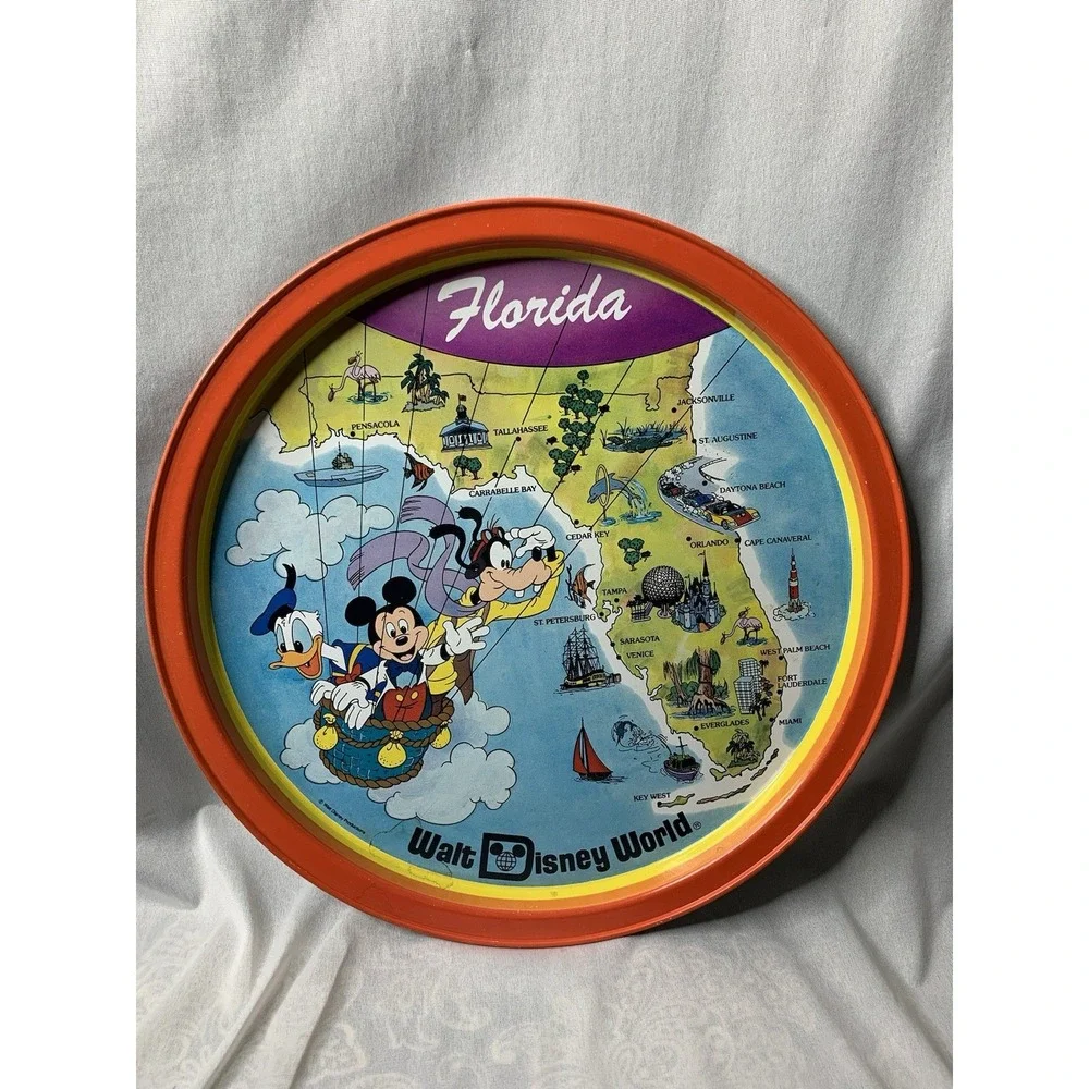 Vintage‎ 1970s Souvenir Walt Disney World Florida Map Round Metal Tray